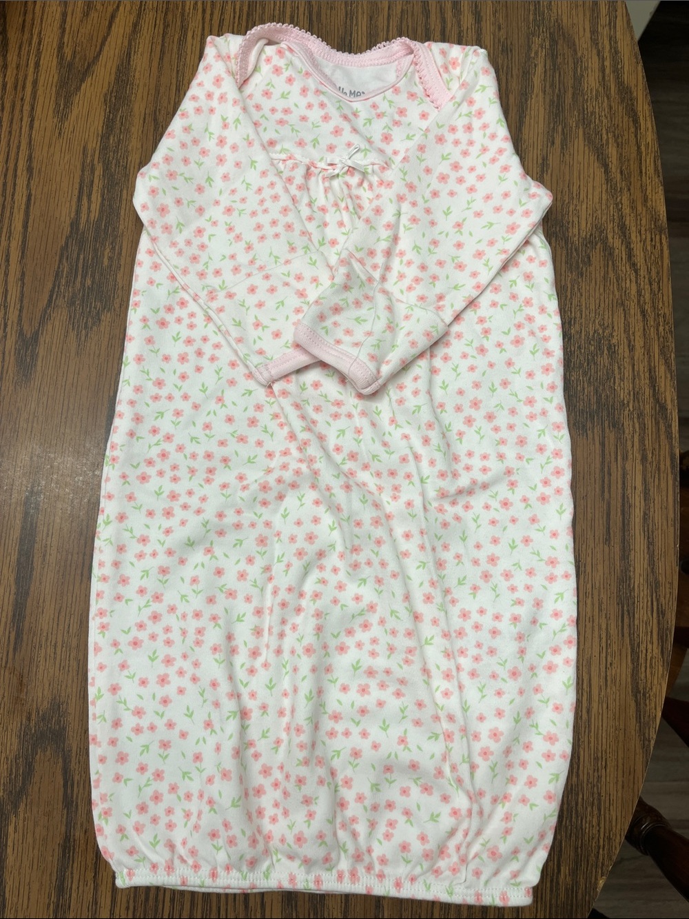 Little Me White Gown with Pink Floral Print and Green Accents